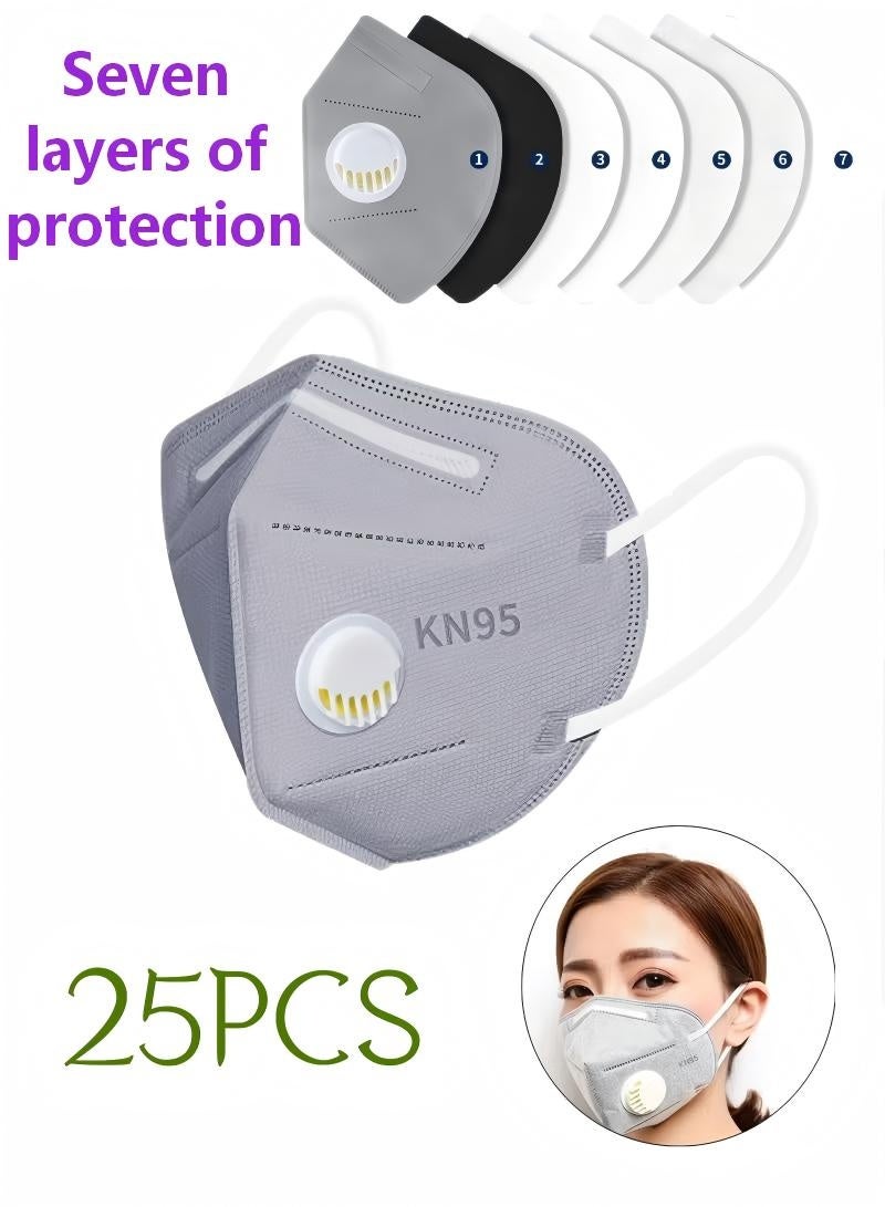 25 قطعة من كمامات الوجه KN95 المزودة بصمام - حماية من 7 طبقات، وأحزمة رأس قابلة للتعديل، وكربون نشط لتوفير أقصى درجات الراحة (عبوة من 25 قطعة) - Image 1